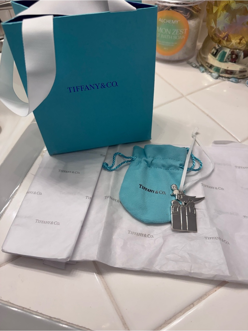 Tiffany & Co. Robin on Gift Box Silver Ornament with Blue Pouch
